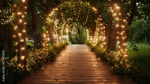 A magical tree-lined path illuminated by a canopy of twinkling fairy lights, creating an enchanting atmosphere. Perfect for evening events, weddings, or romantic garden settings