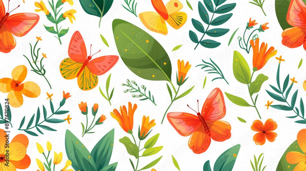 Red butterfly flying over colorful flowers seamless pattern Red butterfly flying over colorful flowers seamless pattern