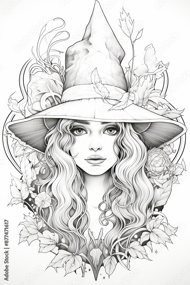 A young, beautiful witch with fluffy hair and big eyes. Boho style. Lots of elements. Сoloring book page, no shading, black and white, thick lines, white background. Generative AI tools A young, beautiful witch with fluffy hair and big eyes. Boho style. Lots of elements. Сoloring book page, no shading, black and white, thick lines, white background. Generative AI tools