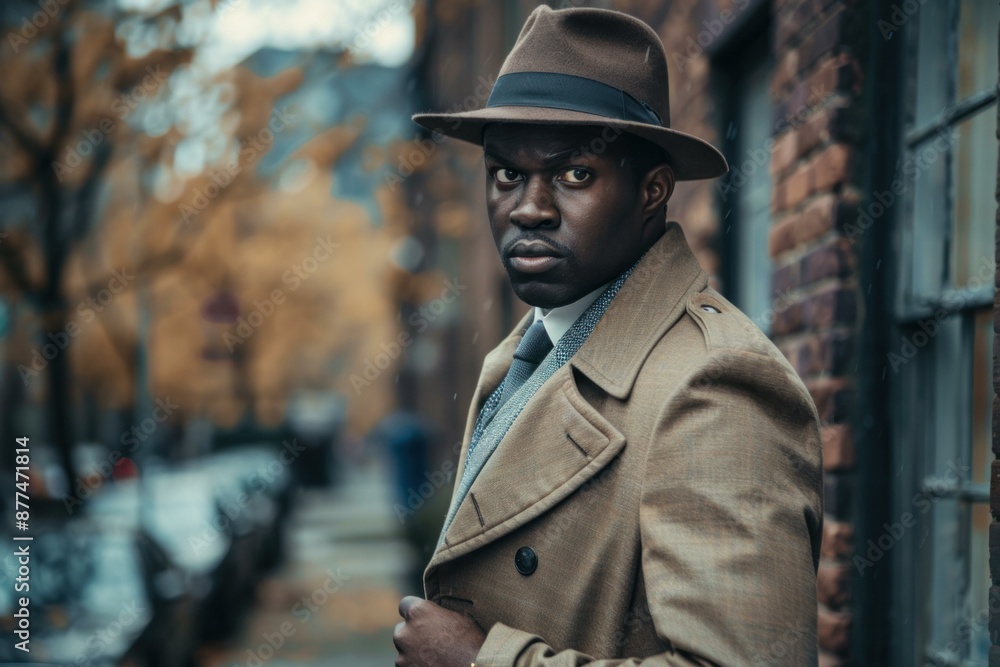Serious man is buttoning his trench coat while standing on a city street Serious man is buttoning his trench coat while standing on a city street