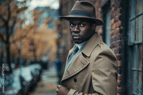 Serious man is buttoning his trench coat while standing on a city street