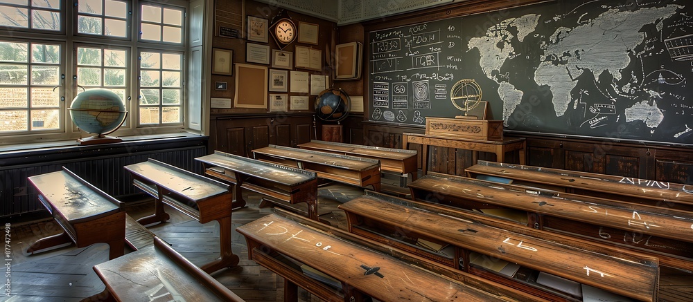 An old-fashioned classroom with rows of wooden desks, a large blackboard filled with chalk drawings, and an antique globe on the teacher's desk An old-fashioned classroom with rows of wooden desks, a large blackboard filled with chalk drawings, and an antique globe on the teacher's desk