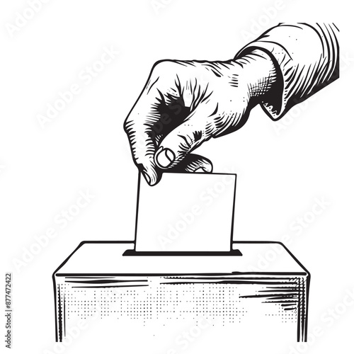 Sketch of hand putting vote bulletin into ballot box . Election