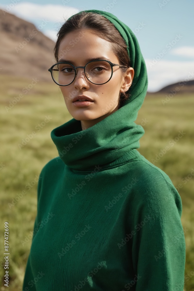 A woman wearing emerald green shades in a field of lush green grass