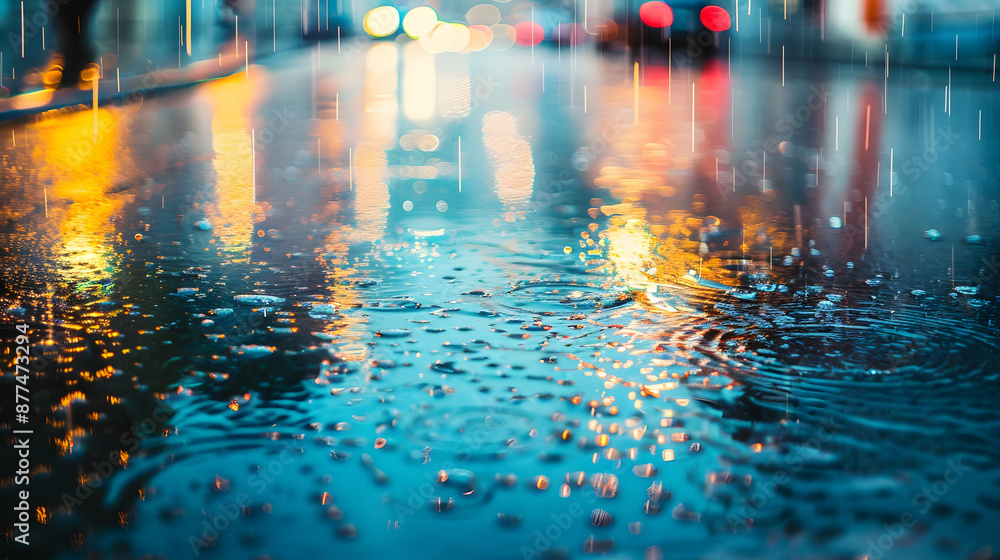 Obraz premium Rainy Urban Street, Wet Asphalt Reflections, Abstract City Nature Background