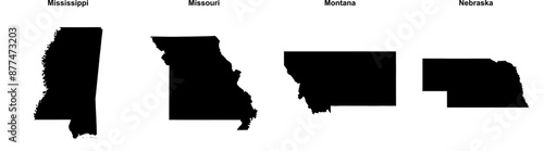 Mississippi, Missouri, Montana, Nebraska outline maps