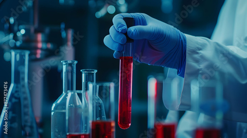 Scientist holding a test tube with red liquid in a laboratory setting, surrounded by various glassware and equipment.