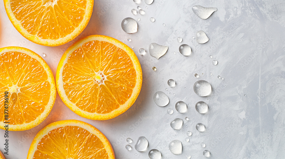 Top above overhead close up view photo of juicy orange slices on table with water drops with place for text copy blank empty space Top above overhead close up view photo of juicy orange slices on table with water drops with place for text copy blank empty space