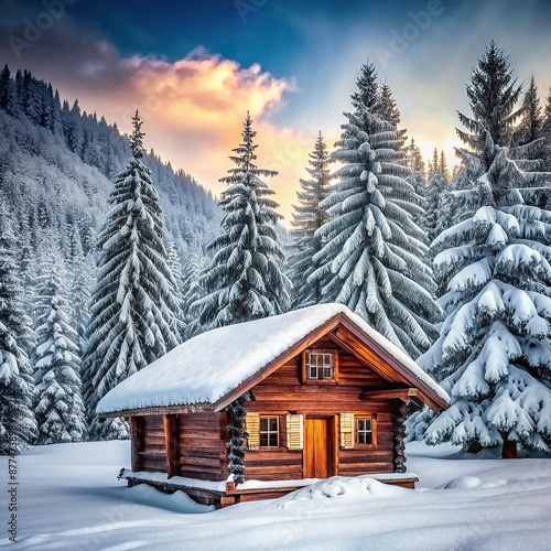 mountane, nature, wilderness, isolated, Rustic wooden cabin surrounded by lush green trees in snowy landscape