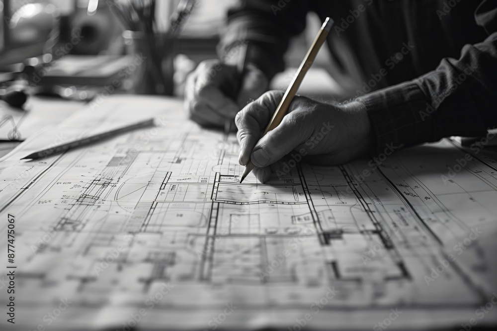 Architect Working on Detailed Blueprint in Monochrome Architect Working on Detailed Blueprint in Monochrome