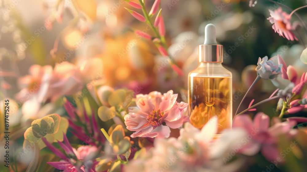 A dedicated scent bottle surrounded by vibrant flowers in a dreamy setting, bathed in gentle sunlight, exuding femininity and luxury. A dedicated scent bottle surrounded by vibrant flowers in a dreamy setting, bathed in gentle sunlight, exuding femininity and luxury.