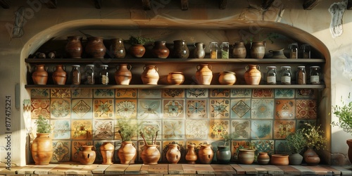 Cozy Pantry with Terracotta Jars and Dried Herbs, generative ai