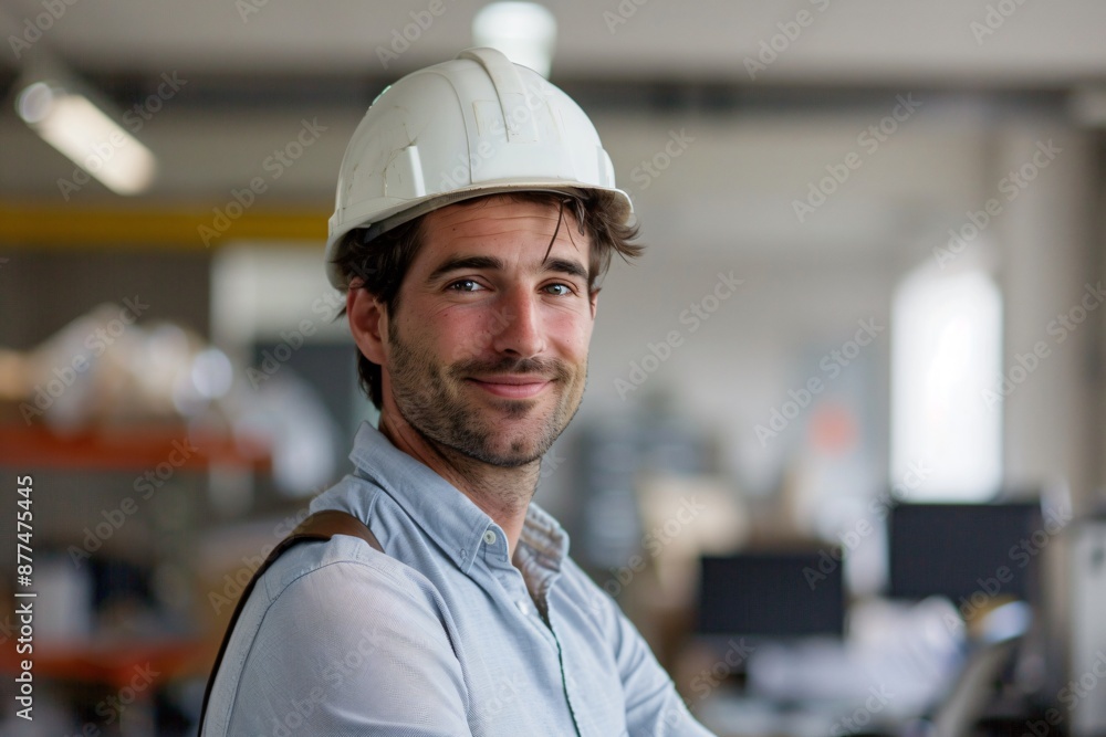 Confident Engineer in a Hard Hat at a Modern Workspace Confident Engineer in a Hard Hat at a Modern Workspace