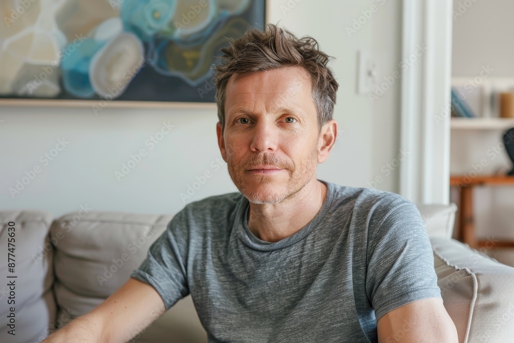 Portrait of a tender caucasian man in his 40s dressed in a casual t-shirt on crisp minimalistic living room Portrait of a tender caucasian man in his 40s dressed in a casual t-shirt on crisp minimalistic living room