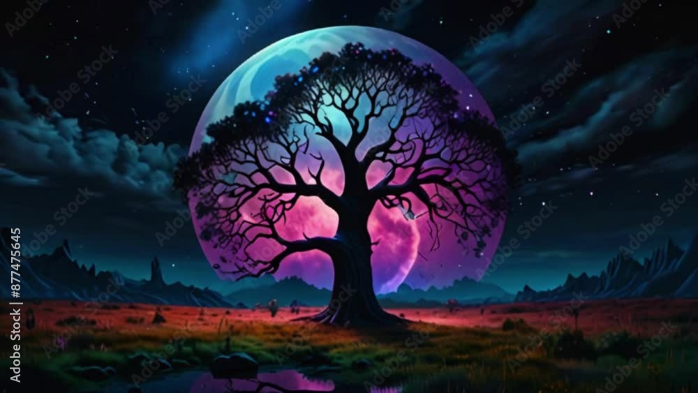 A fantastical tree with unusual shapes and colors, set in a dreamlike landscape under the full moon. The animation includes floating clouds surreal elements, giving it a mystical aura, 4K Wallpaper A fantastical tree with unusual shapes and colors, set in a dreamlike landscape under the full moon. The animation includes floating clouds surreal elements, giving it a mystical aura, 4K Wallpaper