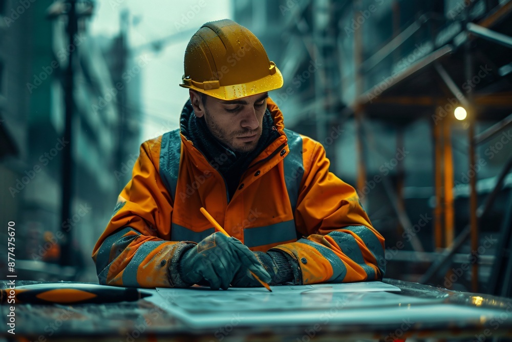 Construction Worker Reviewing Blueprints on a Busy Job Site Construction Worker Reviewing Blueprints on a Busy Job Site