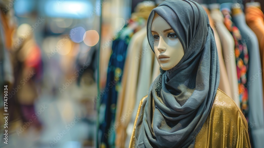 Female Muslim mannequin in hijab showcased in a fashion house with a soft focus on the hijab