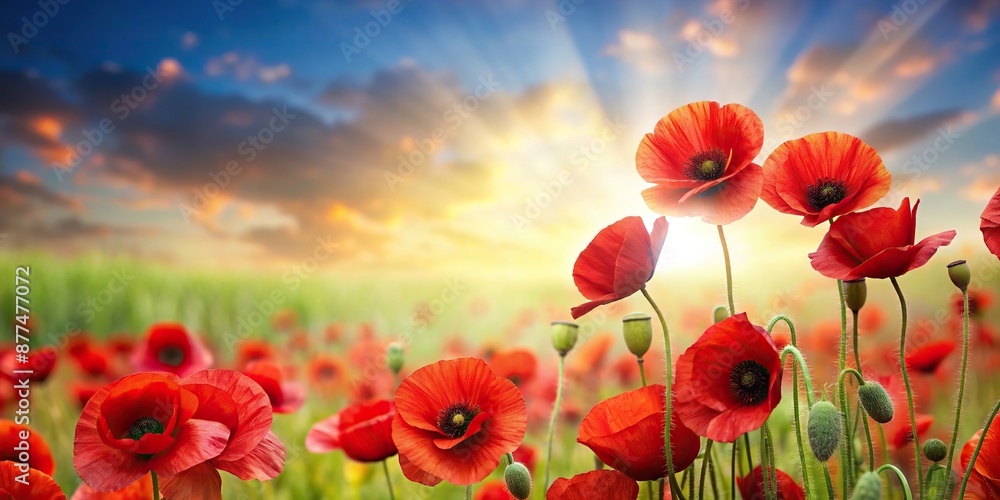 Red poppy flowers for a Remembrance Sunday and Memorial Day poster or ...