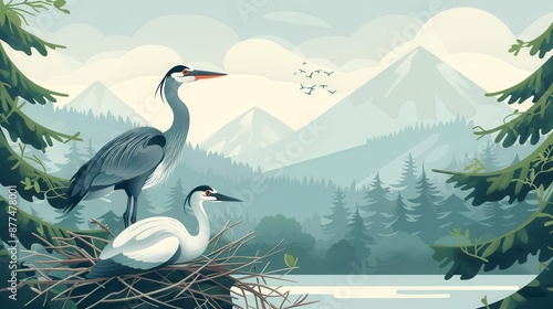 Illustration of two herons perched on a nest in a tranquil forest setting with mountains and a lake in the background. Perfect for nature themes.