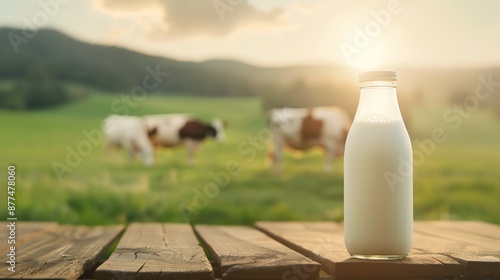 Fresh milk bottle on wooden table with cows grazing in background, set against a scenic sunrise in the countryside.
