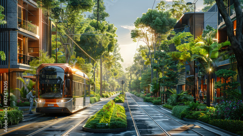 Modern Electric Tram on Vibrant Urban Street with Lush Greenery