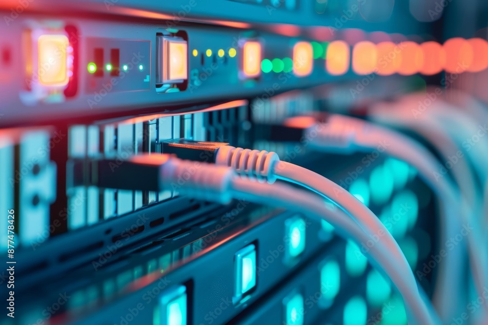 Naklejka premium Advanced servers processing internet data, top view, optimizing connectivity, advanced tone, Complementary Color Scheme