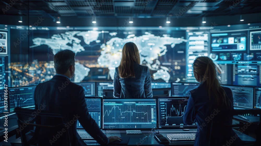 Team of professionals working in a high-tech control room with multiple monitors, analyzing global data and trends. Team of professionals working in a high-tech control room with multiple monitors, analyzing global data and trends.