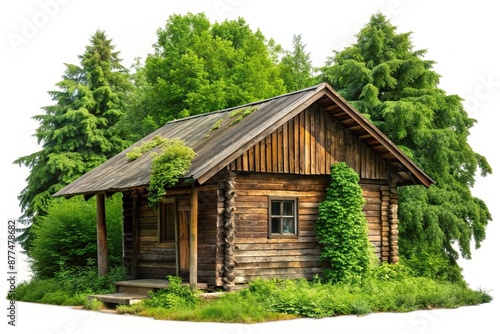 vegetation, rustic cabin, white background, isolated, Rustic wooden cabin surrounded by lush green trees and overgrown vegetation, isolated on white background. © joompon