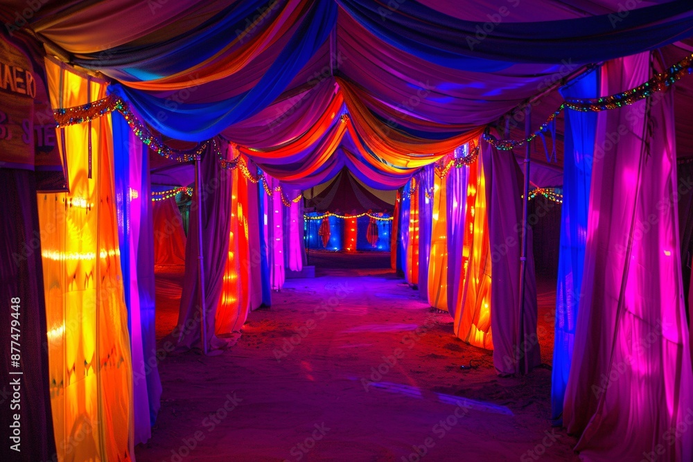 Fototapeta premium Colorful Curtains and Lights in a Tent.