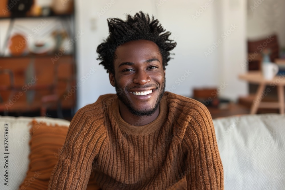 Portrait of a jovial afro-american man in his 20s wearing a cozy sweater while standing against crisp minimalistic living room Portrait of a jovial afro-american man in his 20s wearing a cozy sweater while standing against crisp minimalistic living room