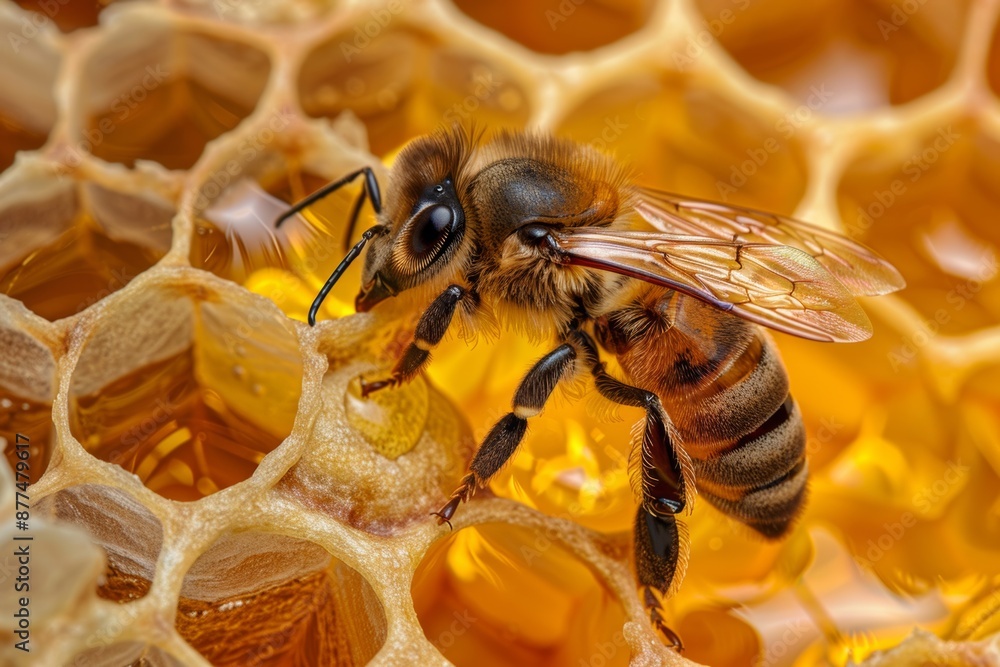 Macro shot of a bee surrounded by honeycomb cells filled with golden honey, showcasing the natural beauty and richness of this sweet substance. Macro shot of a bee surrounded by honeycomb cells filled with golden honey, showcasing the natural beauty and richness of this sweet substance.