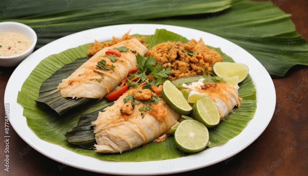 Aromatic bamboo-wrapped fish with cornbread and spicy sauce Aromatic bamboo-wrapped fish with cornbread and spicy sauce