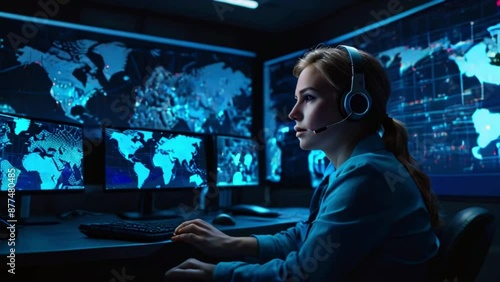 A woman wearing a headset is sitting in front of a bank of computer monitors. The monitors are displaying maps of the world and various data. photo