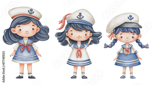 Quadro su tela Cute cartoon girl sailors watercolor