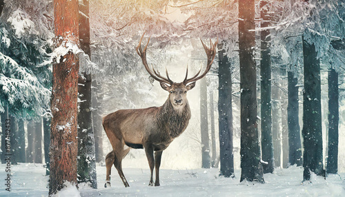 Noble deer male in winter snow forest. Artistic winter christmas landscape.