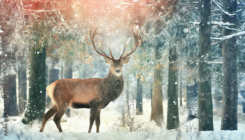 Noble deer male in winter snow forest. Artistic winter christmas landscape.