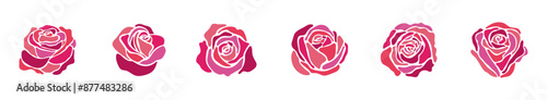 rose silhouette stained glass colorful vector illustration art set. Flower roses petal outline romantic valentine's day love bouquet decorative mosaic graphic design wedding card married red pink line
