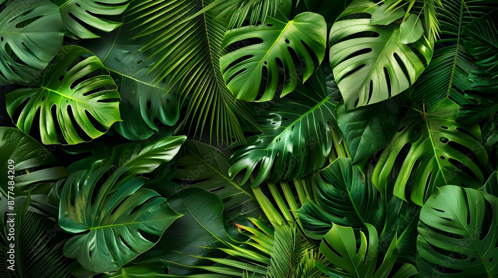 Obraz premium Tropical Greenery with Lush Monstera Leaves, Seamless Pattern of Exotic Jungle Foliage 