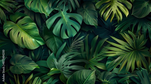 Tropical Greenery with Lush Monstera Leaves, Seamless Pattern of Exotic Jungle Foliage 