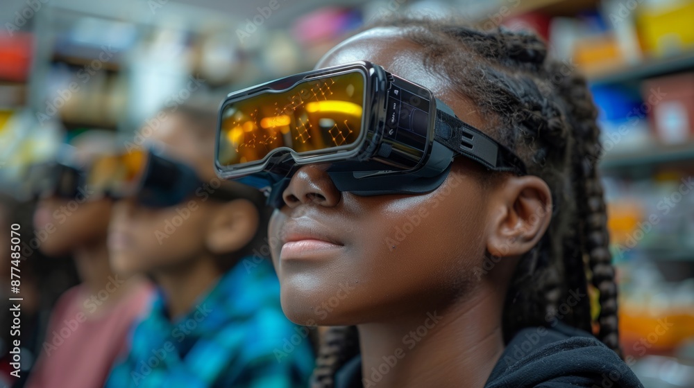 A young girl wears a virtual reality headset while looking upwards, likely participating in a lesson or activity in a classroom setting. A young girl wears a virtual reality headset while looking upwards, likely participating in a lesson or activity in a classroom setting.