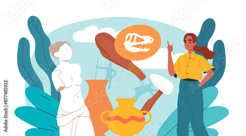 History lesson concept. Woman near marble bust and ceramics vases. Archeology and paleontology. Historical objects and treasures. Education and learning. Cartoon vector illustration