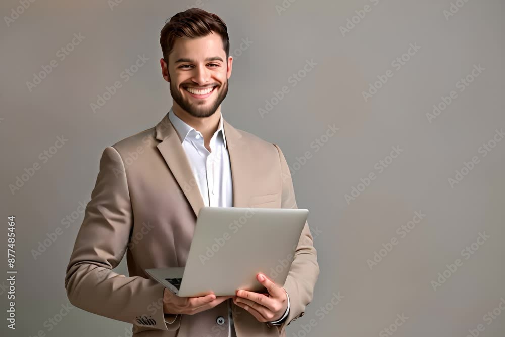 man in a beige suit sitting at a laptop, with dark hair man in a beige suit sitting at a laptop, with dark hair
