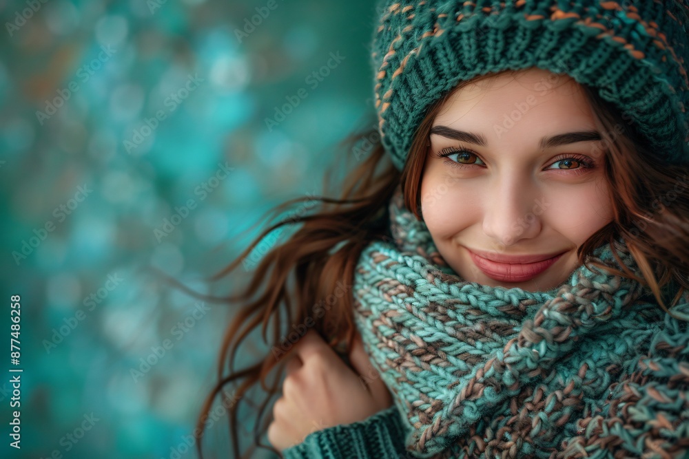 Cozy Winter Portrait of a Smiling Woman in Knitted Hat and Scarf Cozy Winter Portrait of a Smiling Woman in Knitted Hat and Scarf