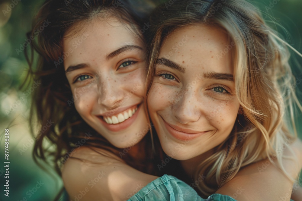 Fototapeta premium Two Friends Embracing and Smiling in a Sunlit Garden