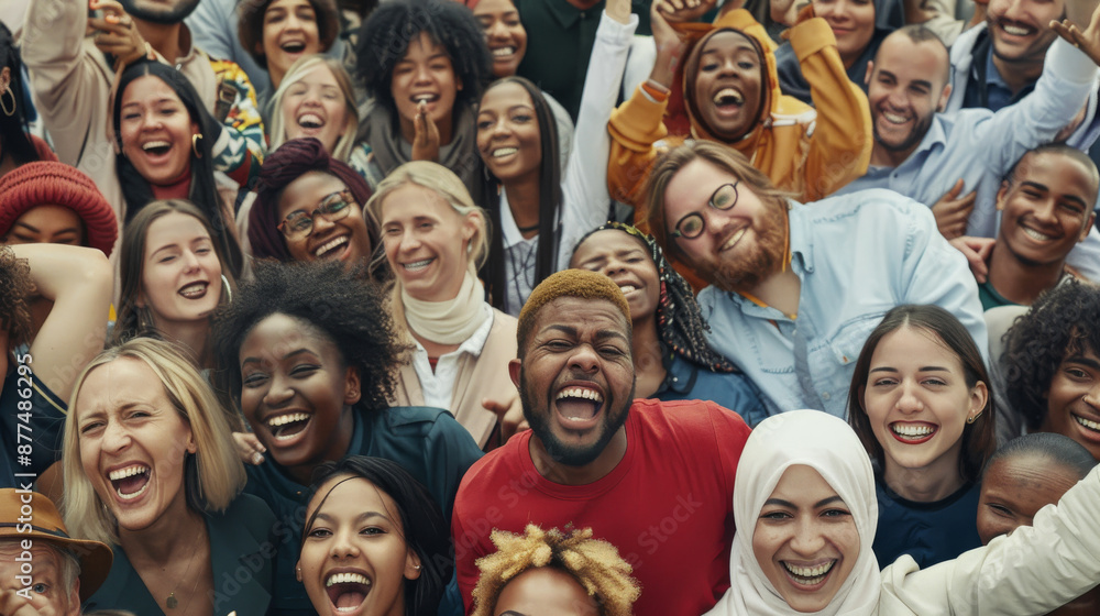 A diverse and joyful group of people, all smiling and cheering, demonstrating unity and happiness in a vibrant portrait. A diverse and joyful group of people, all smiling and cheering, demonstrating unity and happiness in a vibrant portrait.