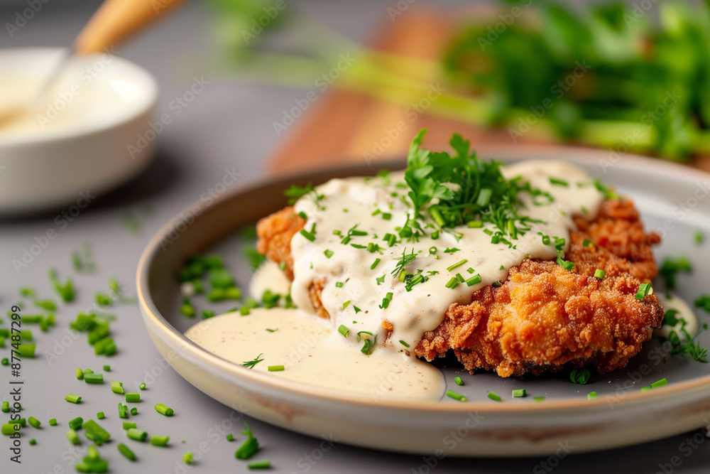 Close-up of chicken fried steak with creamy gravy and herbs Close-up of chicken fried steak with creamy gravy and herbs