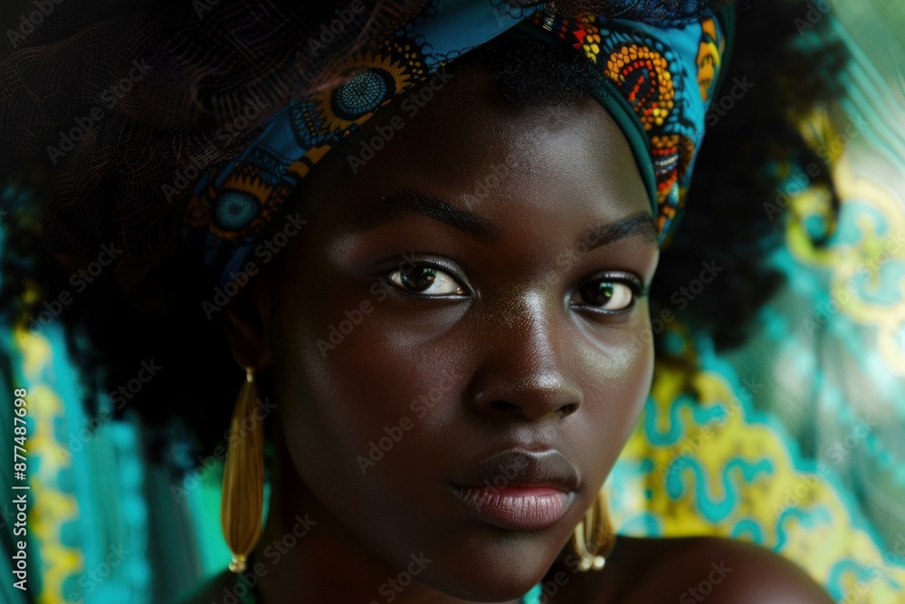 Portrait of a beautiful dark skinned woman wearing a colorful african headscarf and golden jewelry Portrait of a beautiful dark skinned woman wearing a colorful african headscarf and golden jewelry
