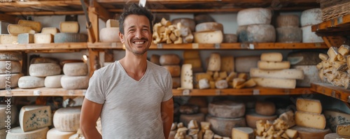 A man in a grey T-shirt is happily smiling in a cheese store filled with various cheese wheels, showcasing joy and contentment in a cozy and cheesery environment. photo