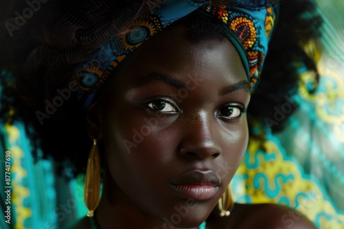 Portrait of a beautiful dark skinned woman wearing a colorful african headscarf and golden jewelry