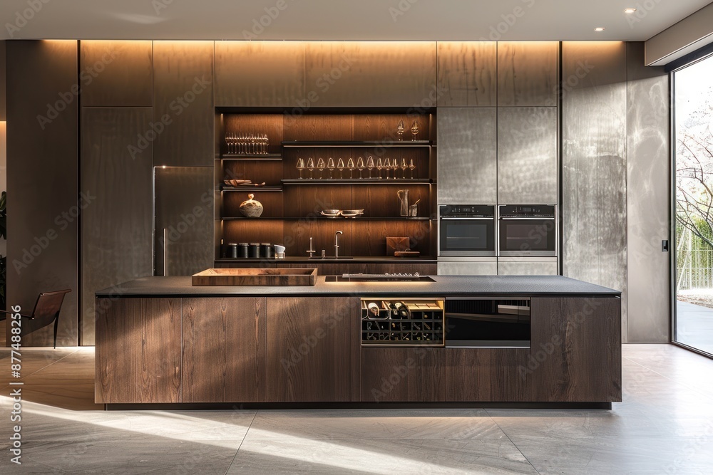 A kitchen with a large island and a wine cooler A kitchen with a large island and a wine cooler